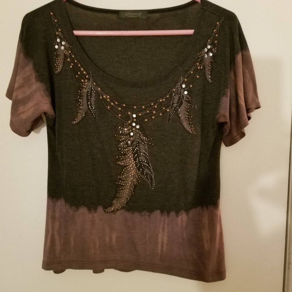 Mandee Embellished Tie-Dye Feather Tee Size S